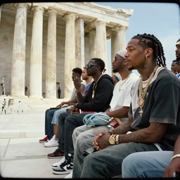 lil wayne watches 2 1 savage while they wait in line to worship at zeus'feet, hidden cctv footage, heavenly marble, gods and goddesses in elegant clothes, painting by gaston bussiere, craig mullins, j. c. leyendecker, tom of finland