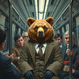 a grizzly bear in a suit riding the subway home with human passengers that look annoyed, hyperrealistic, painting, style of norman rockwell