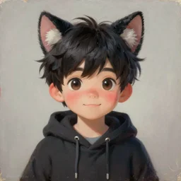 dream cute concept art fantasy painting of a boy with cat ears, blush, fluffy black hair, hoodie, by artgerm, sylvain sarrailh, rossdraws, wlop, fursona, furaffinity, furry, deviant art, e 6 2 1, global illumination, tankoban, oil on canvas, 4 k, smooth details, pixar animation style!