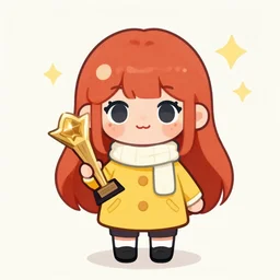 a chibi kawaii red haired girl with winter yellow clothe and freckles, winning artstation competition