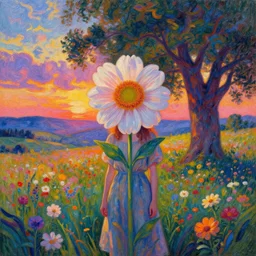 girl with a enlarged up flower as a face, surreal photography, dream, standing in flower field, hills, big trees, sunrise dramatic light, impressionist painting, colorful clouds, digital painting, pointillism, artstation, simon stalenhag, flower face
