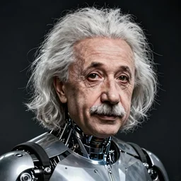 Albert Einstein as a cyborg, highly detailed, high quality, HD, 4k, 8k, Canon 300mm, professional photographer, 40mp, lifelike, top-rated, award winning, realistic, sharp, no blur, edited, corrected, trending