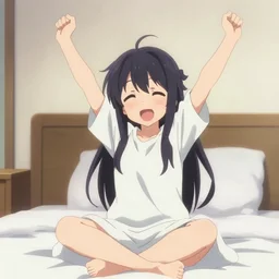 Himouto! Umaru-chan anime girl sitting up in bed waking up and stretching adorable cute