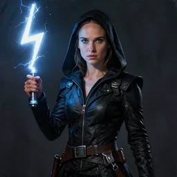 natalie portman as a sith in a black hooded jacket holding a lightning bolt, a detailed matte painting by edward george handel lucas, cg society, shock art, reimagined by industrial light and magic, flickering light, matte painting