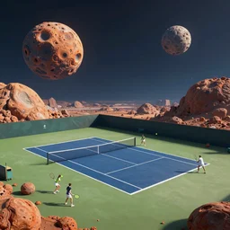 beautiful concept art of a professional tennis match taking place on a meteor, Unreal Engine 5, 4k, colorful