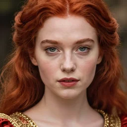 portrait of beautiful red hair princess, gold and red clothes, high detail, cleary see face, detailed eyes, by gaston bussiere, bayard wu, greg rutkowski, auguste bourotte, odd nerdrum, maxim verehin, dan dos santos, masterpiece, sharp focus, cinematic lightning