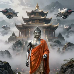 a single detailed robotic cyberpunk buddha with an orange robe, mystic atmosphere, a detailed metallic temple on a misty mountain, shiny reflections, multiple detailed robotic airships, volumetric fog, perspective painting, atmospheric shot, cinematic establishing shot, in the style of greg rutkowski, artstation, unreal engine, maya