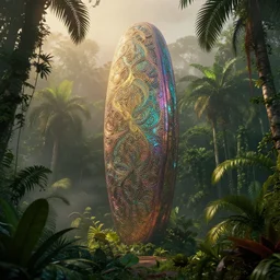 giant iridescent monolith in lush tropical jungle, foggy, moody, golden hour : : by jeff koons, dan mcpharlin daniel merrian : : ornate, dynamic, particulate, rich colors, intricate, elegant, highly detailed, centered, artstation, smooth, sharp focus, octane render, 3 d