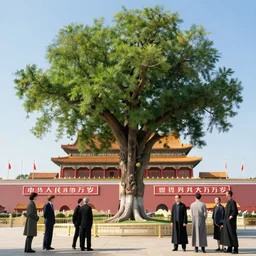 the great elven tree growing in the middle of tiananmen square, beijing. andreas achenbach, artgerm, mikko lagerstedt, zack snyder, tokujin yoshioka