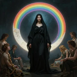 awe-inspiring award-winning concept art nouveau painting of attractive figure in black shrouds as the goddess of the moonbow, rainbow, by Alphonse Mucha, Michael Whelan, William Adolphe Bouguereau, John Williams Waterhouse, and Donato Giancola, cyberpunk, extremely moody lighting, glowing light and shadow, atmospheric, shadowy, cinematic, 8K, n 9