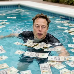 Photography of elon musk swimming in a pool full of money