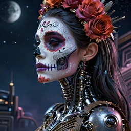 side portrait, beautiful crying! female android!, intricate detailed environment, photorealistic!, octane render, concept art, cinematic lighting, interstellar hyper realism, sharp, cyberpunk, bladerunner, 8 k, el dia los muertos! by angus mckie, moebius, maciej kuciara, stanley lau, artgerm, greg rutkowski