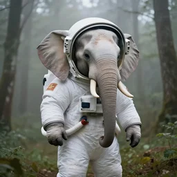 giant elephant wearing white spacesuit with oversized helmet as astronaut animal, in the woods, foggy mood, overcast bokeh - c 8
