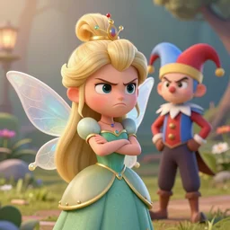 a beautiful fairy princess is angry at a jester, 3 d render, cute, angry