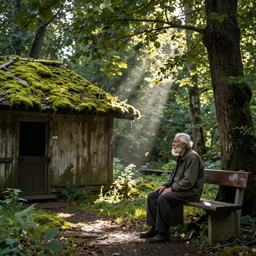 an old man with a white beard sits on a bench near a hut overgrown with moss, opposite the forest, the sun's rays make their way through the foliage of trees, paint,