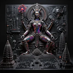 epic dark studio cyberpunk shooting at Khajuraho, black, octane, rimlight, by david lachapelle, godes, made from electric condensators Shiva, veins, vibrant, xray,  flat shaped chrome relief, fossil, MINIATURE CITY, mechanic bionic fungus flower cyberpunk cat mechabot,  maze, tubes, joints, buttons, gears, relief by Goga Tandashvili, by jonas burgert, by Wayne Barlowe, cinematic