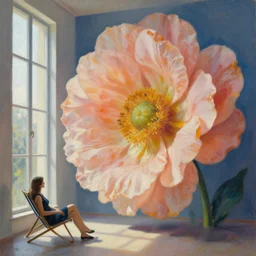 closeup, a huge flower head, woman sitting on lounge chair by a tall window, surreal photography, studio light, impressionist painting, digital painting, artstation, simon stalenhag
