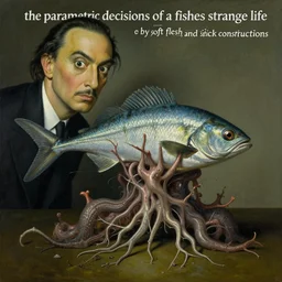 a surreal painting titled'the parametric decisions of a fishes strange life made by soft flesh and stick constructions'by salvador dali and max ernst, dramatic lighting, organic, hyperdetailed