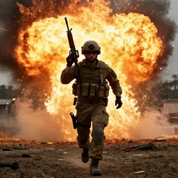 soldier running toward the camera with a m4 rifle raised to his shoulder with a massive fiery explosion behind him, cinematic lighting, hdr, gritty in the style of the movie lone survivor