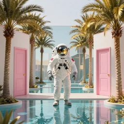 indoor liminal space, astronaut, golden light, greg rutkowski, palm trees, pink door, minimalistic, hyperrealistic surrealism, award winning masterpiece with incredible details, epic stunning, infinity pool mirrors, a surreal vaporwave liminal space with mirrors, highly detailed, trending on artstation, artgerm and greg rutkowski and alphonse mucha, daily deviation