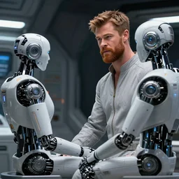 cinematic portrait of chris hemsworth with big ginger beard in light grey futuristic jumpsuit staring at sitting android robot, space station at background, high detail, 8 k, sharp focus, movie still, dramatic lighting, ray tracing, smooth, lane brown, finnstark, oleg bulakh, diego fazio, mike dargas, emanuele dascanio, felix englund, michal