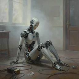 a cyborg sitting on the floor, inside an old apartment, cybernetic parts and wires and cables scattered across the floor, dystopian aesthetics, cyberpunk, detailed oil painting, misty, ethereal, dramatic lighting, ominous, by ilya kuvshinov and ruan jia and jeremy mann