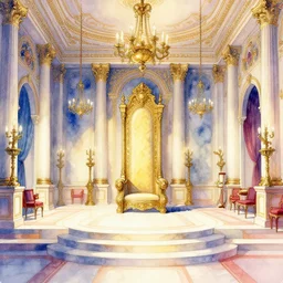 a hiper intricate watercolor of a beatiful throne room, extremely detailed, sharp focus, elegant, wide view, smooth, digital illustration, colorfull, by william turner art, by greg rutowski