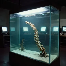spooky creepy liminal space, display case, aquatic exhibition science museum, half - dried aquarium with submerged spine, bright computer screens, backroom stairs leading down under water, photo taken on 1 9 8 0 s fujifilm superia