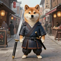 a detailed matte portrait of an anthropomorphic shiba inu dressed as a samurai, shiba inu face, very large katana leaning against the side of a tavern, city streets, masterpiece, 8 k, art by donato giancola and greg rutkowski and wayne barlow and zdzisław beksinski