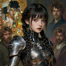 portrait of beautiful cute young goth maiden cyborg girl with braided hair in warhammer mechanical armor, art by ( ( ( kuvshinov ilya ) ) ) and wayne barlowe and gustav klimt and artgerm and wlop and william - adolphe bouguereau