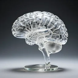 a crystal glass, transparent cast sculpture of a brain