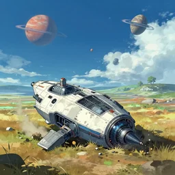 a spaceship crashed into a foreign planet. The spaceship is buried in the ground. in the style of digital art, artstation trending, rossdraws, breath of the wild, simon stålenhag, Makoto Shinkai
