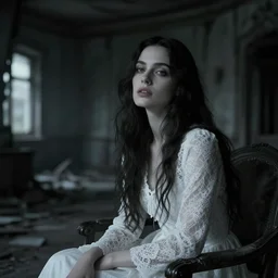 cinestill 5 0 d wide photo portrait of a dreamy beautiful woman sitting in a dystopian abandoned haunted house by coppola, long hair, wearing white lace, elegant, highly detailed, pale black tonal matt, soft blur, artstation, sharp focus, head in focus,