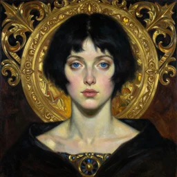 dynamic composition, a painting of a woman with blue eyes and short black hair, a surrealist painting by Tom Bagshaw and Jacek Yerga and Tamara de Lempicka, featured on cgsociety, pop surrealism, surrealist, wiccan, pre-raphaelite, ornate gilded details