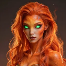 beautiful female alien with glowing green eyes, orange skin and long fiery hair, concept art by Ruan Jia, highly detailed, ultra detailed, ultra realistic, trending on artstation