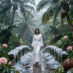 monsoon on tropical island, attractive oriental native in white, frontal, ornate, beautiful, atmosphere, vibe, mist, coconuts, rain, wet, pristine, puddles, melting, dripping, snow, creek, lush, ice, bridge, forest, roses, flowers, concept art, luis rollo, ruan jia, steve mccurry, john berkey