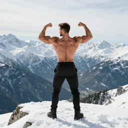fitness muscle man flexing on a snow mountain top