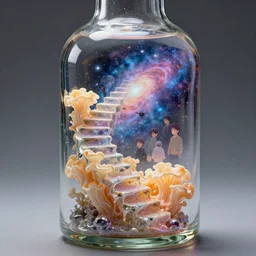 high intricate glimmering glass bottle containing melting tremella - fuciformis formed stairways to otherworldly galaxies, maria panfilova, andrea savchenko, mike kime, ludovic plouffe, qi sheng luo, oliver cook, makoto shinkai, trending on artstation
