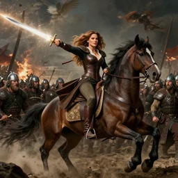 sophia vergara riding a stallion, dressed in fantasy garb like in Dino De Laurentis Conan movie, with lighting shooting out of the blade, destroying hoards of vikings, by Kat Dennings, Titian, WLOP, Caravaggio, 4k, artstation