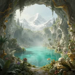 a baroque style artwork of a paradise garden cave, a land of the dead, divine, hazy, volumetric lighting, snowy summits in the background, vast turquoise lake, lush flora, empty, spacetime bending, very detailed, serene, gold accents, washed out colors, beautiful artwork, master level composition, raytracing