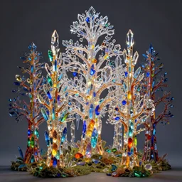 art work multicolored glass and crystal trees by thomas kinkade, trend in artstation, matte painting, volumetric light