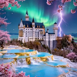 neuschwanstein castle on pamukkale thermal waters flowing down gold travertine terraces in royal blue antelope canyon during sakura season on an interstellar aurora borealis with heavy thunder and lightning, pink waterfalls, flowers, by peter mohrbacher, james jean, james gilleard, greg rutkowski, vincent di fate, rule of thirds, octane render, beautiful landscape