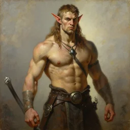 medieval, attractive muscular male half elf half orc character design, painting by gaston bussiere, craig mullins, j. c. leyendecker, tom of finland
