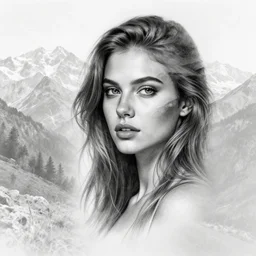 tattoo design sketch of a double exposure of a beautiful mountain scenery with a faded beautiful woman face, hyper - realistic, double exposure effect, in the style of matteo pasqualin, amazing detail, black and white, faded
