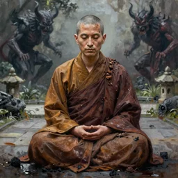 portrait of jeff bridges as a buddhist monk in the lotus position. a zen garden background. world weary, horror, gloomy. grime, dirt, motor oil, coal. oil painting, highly detailed, centered, digital painting, artstation, concept art, smooth, sharp focus, illustration, artgerm, tim bradstreet, tomasz alen kopera, peter mohrbacher, donato giancola, joseph christian leyendecker, zdzisław beksinski, drew struzan, hell demons