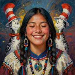 a beautiful portrait of an indigenous female shaman smiling with eyes closed feeling deep love for herself, symetrical design, designed by dr seuss and michal karcz, by cyril rolando and asher durand and natalie shau