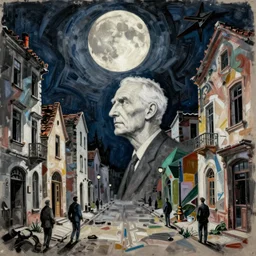 old white - headed man under the huge moon on a street of ruined city by beksinski and takato yamamoto and jackson pollock, very coherent, baroque elements