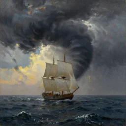 tornado on the sea, dramatic sunrise, sailing boat, oil painting style, high quality, hermitage catalog,