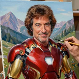 a closeup photorealistic photograph of bob ross working on a canvas painting of bob ross as iron man. lit studio, mountain scape. film still, vibrant colors. this 4 k hd image is trending on artstation, featured on behance, well - rendered, extra crisp, features intricate detail, epic composition and the style of unreal engine.