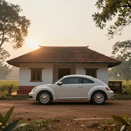 a vw beetle parked near a small assam type house at sunrise, concept art, octane render, unreal engine 5, trending on artstation, high quality, 8 k, soft lighting, path traced, hyperrealistic, highly detailed, digital art, symmetrical, cinematic, high coherence, godrays